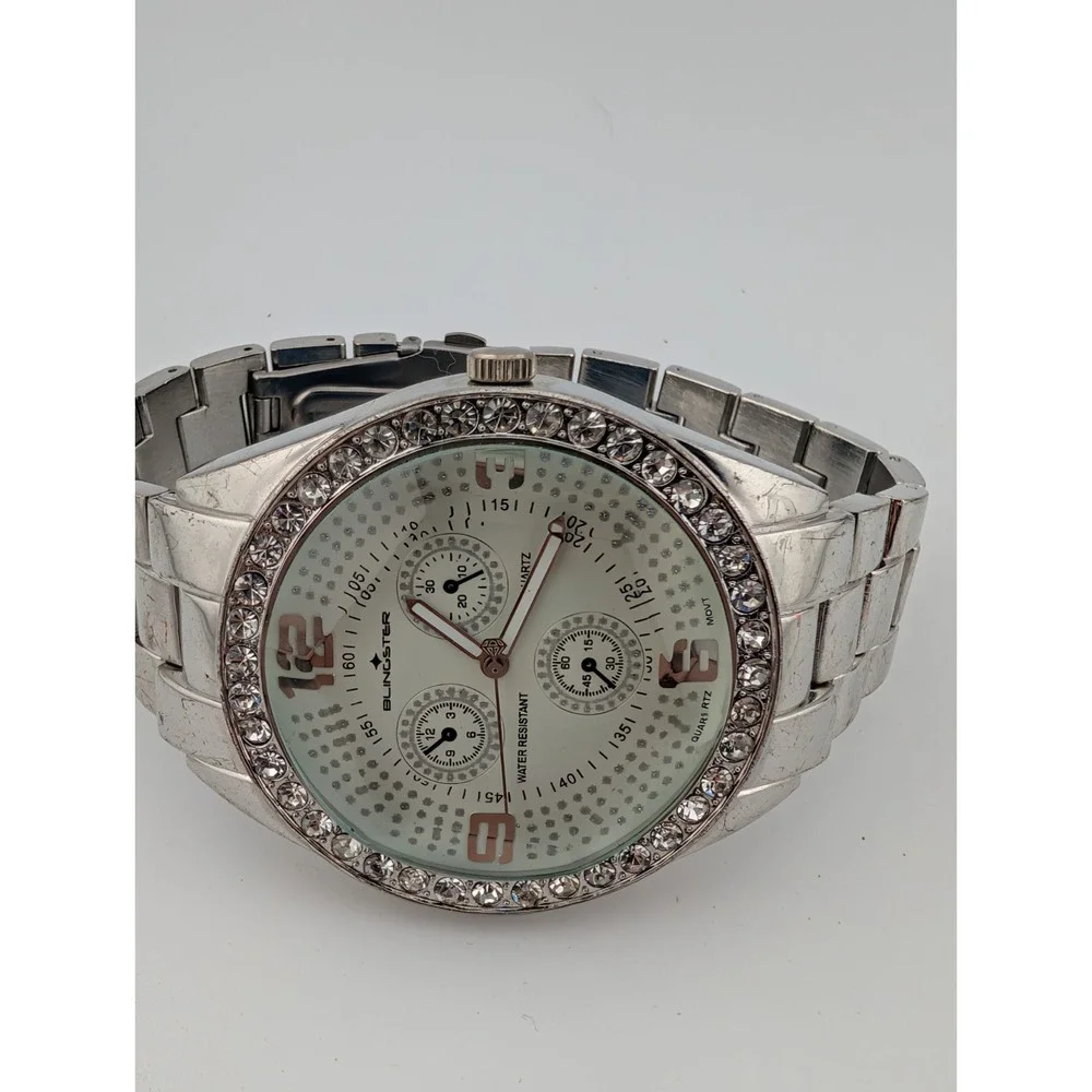 Blingstar Watch Men 50mm‎ Case Rhinestone Bezel Silver 8.5
